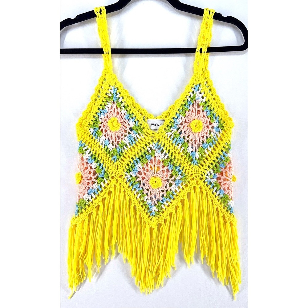 Womens Crochet Fringe Floral Tank Top S Boho Festival Cottagecore Granny Squares
